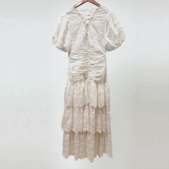 NWT ASTR Eyelet Puff Sleeve Tiered Cotton Midi Dress One Size - Picture 2 of 6
